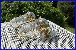 Original Pair of Vintage Brass Nautical Cage Wall Light Bulkhead Ship Lamps
