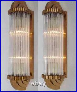 Pair Art deco Vintage light Old Lamp Wall Sconces Fixture Brass & Glass Rod