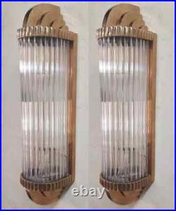 Pair Art deco Vintage light Old Lamp Wall Sconces Fixture Brass & Glass Rod