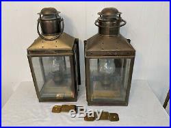 Pair Large Antique Vintage Brass Ship Mast Lantern Light Oil Lamp Excellent