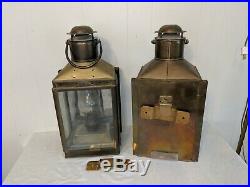 Pair Large Antique Vintage Brass Ship Mast Lantern Light Oil Lamp Excellent