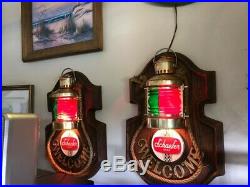 Pair Vintage Schaefer Beer Welcome Lighted Lantern Sign Red Green Nautical Rope