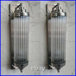 Pair of Vintage Art Deco Nickel Brass & Glass Rod Light Fixture Wall Sconces