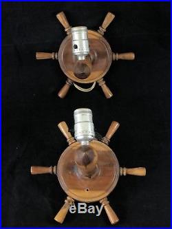 Pair of Vintage Wooden Ships Wheel 9 Wall Lamps Nautical Decor Light with Shades