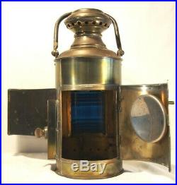 Perko Vintage Large Brass Nautical Lamp Light reflector Blue Lens Handle