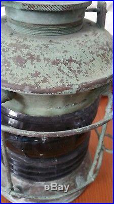 RARE Blue Singnal Glass Brass Train Lantern Light Vintage Petina Marine