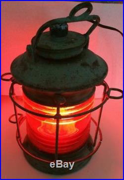 RARE RED Glass Brass Train Lantern Light Vintage Marine Beautiful Petina