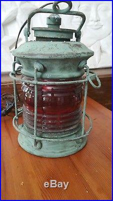 RARE RED Glass Brass Train Lantern Light Vintage Marine Beautiful Petina