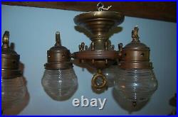 Rare Matched Pair Vintage Brass + Wood Nautical 3 Light Ceiling Fixtures