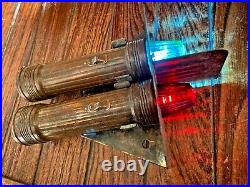 Rare Vintage Brass Bow Battery Operated Light Red/green Glass Lens Led Bulbs