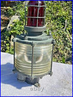 Rare Vintage Solid Brass Nautical Piling Light Fresnel Lens & Red Top