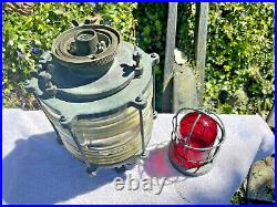 Rare Vintage Solid Brass Nautical Piling Light Fresnel Lens & Red Top