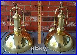 Salvaged Vintage Pair Large Brass Metal Swivel Dome Pendant Light Fixtures