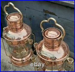 Set Of 2 Antique Brass Copper Lamp Vintage Nautical Ship Boat Light Lantern Déco