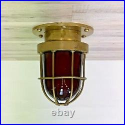 Small Red Glass Brass Nautical Caged Ceiling Light