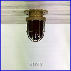 Small Red Glass Brass Nautical Caged Ceiling Light