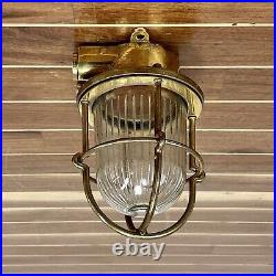 Small Vintage Nautical Wide Ribbed Brass Caged Ceiling Light