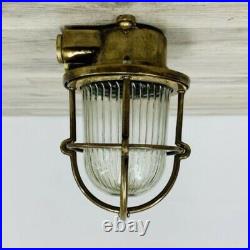 Small Vintage Ribbed Glass Brass Maritime Light