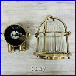 Small Vintage Ribbed Glass Brass Maritime Light