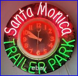 Unique Santa Monica Trailer Park Light Up Neon Clock Sign VTG Man Cave Decor