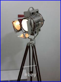 VINTAGE Big Nautical Searchlight Floor Lamp/ Theater Spot Light Wooden Tripod