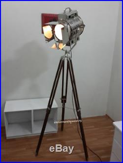 VINTAGE Nautical Searchlight Floor Lamp Home Decore Spot Light Wooden Tripod
