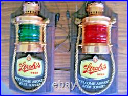VINTAGE STROH'S 1970's NAVIGATION BEER SIGNS RED & GREEN LIGHTED NAUTICAL PAIR