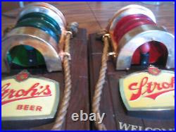 VINTAGE STROH'S 1970's NAVIGATION BEER SIGNS RED & GREEN LIGHTED NAUTICAL PAIR