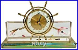 VTG Salem Desk Mantel Clock Ship's Wheel Lucite fly fishing Lighted MCM 10.5
