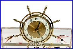 VTG Salem Desk Mantel Clock Ship's Wheel Lucite fly fishing Lighted MCM 10.5
