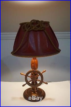 VTG Ships Wheel Nautical Table Lamp Den Study Desk Light Carved Wood