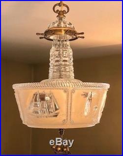 Vintage 3 Light NAUTICAL Chandelier Lighthouse Sail Boats Original Aged Brass