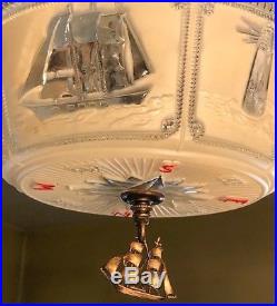 Vintage 3 Light NAUTICAL Chandelier Lighthouse Sail Boats Original Aged Brass