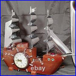 Vintage 3 Mast Full Rigged Wood Ship United Table Clock Port/Starboard Lights