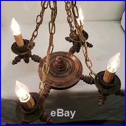 Vintage 4 Light Nautical Captain Wood Pirate Wheel Chandelier Pub Brewery Cafe