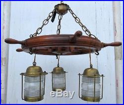 Vintage 40s Ships Wheel Brass Nautical Lantern Chandelier Ceiling Light Fixture