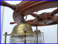 Vintage 40s Ships Wheel Brass Nautical Lantern Chandelier Ceiling Light Fixture