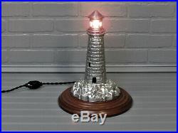 Vintage Antique 1930's Light House Table Lamp Cast Aluminum Wooden Base 13 Tall