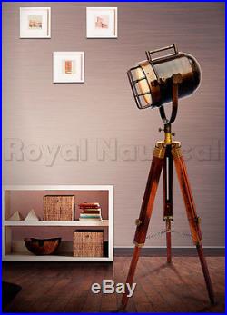 Vintage Antique Finish Shaded Wooden Tripod Spot Light Lighting Floor Lamp