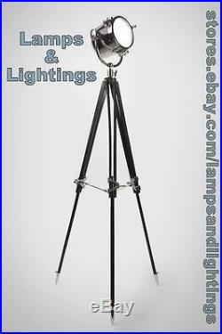 Vintage Antique Industrial Designer Chrome Nautical Spot Light Tripod Floor Lamp