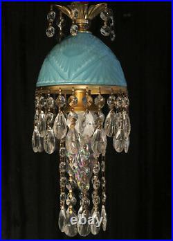 Vintage Aqua Blue Whimsical Nautical cut Glass Crystal Brass Hanging Swag plugin