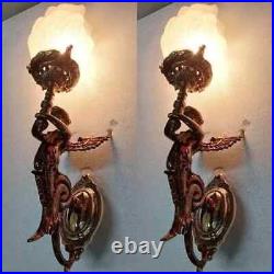 Vintage Art Deco Nouveau Brass Mermaid Wall Sconce Light Fixture Lamp Set Of 2