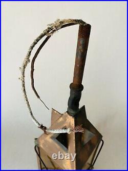 Vintage Arts Crafts Copper Globe Hanging Light Fixture Amber Glass Nautical