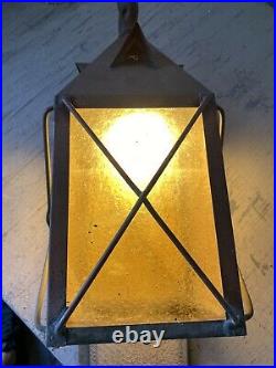 Vintage Arts Crafts Copper Globe Hanging Light Fixture Amber Glass Nautical