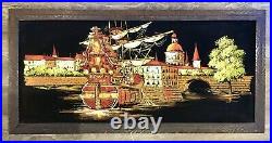 Vintage Ashbrook Lighted Velvet Painting Spanish Ship Spain Port Kitsch Art