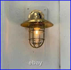 Vintage Brass Bulkhead Light with a Large Brass Shade Restored, Rewired