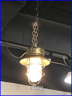 Vintage Brass Hanging Bulkhead Light With Shade & Chain Restored & Rewired