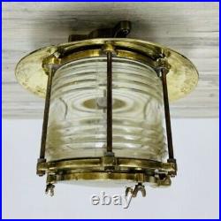 Vintage Brass Nautical Ceiling Light With Fresnel Lens And Rain Cap