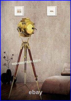 Vintage Brass Nautical Searchlight Floor Lamp Spotlight Wooden Tripod Light Lamp