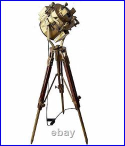 Vintage Brass Nautical Searchlight Floor Lamp Spotlight Wooden Tripod Stand